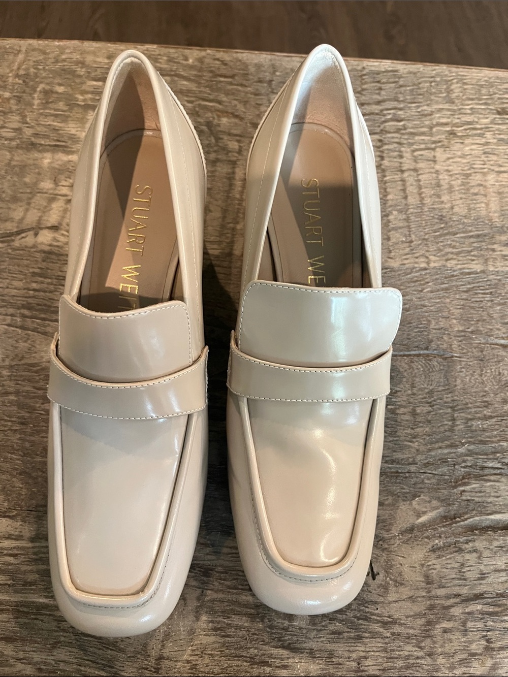 Stuart Weitzman Neutral Cream Patent Leather Penny Loafers